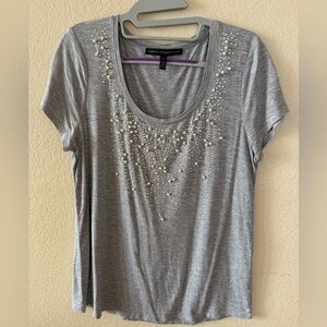 White House Black Market Gray Scoop Neck Tee with Pearl Embellishments